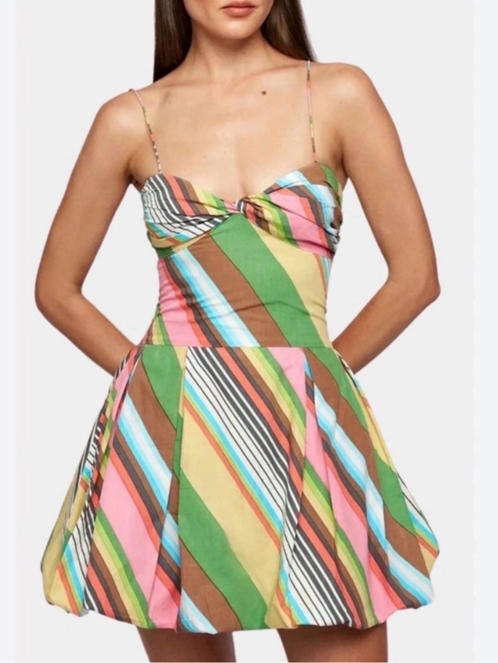 Twist-Front Striped Mini Dress in Green & Pink